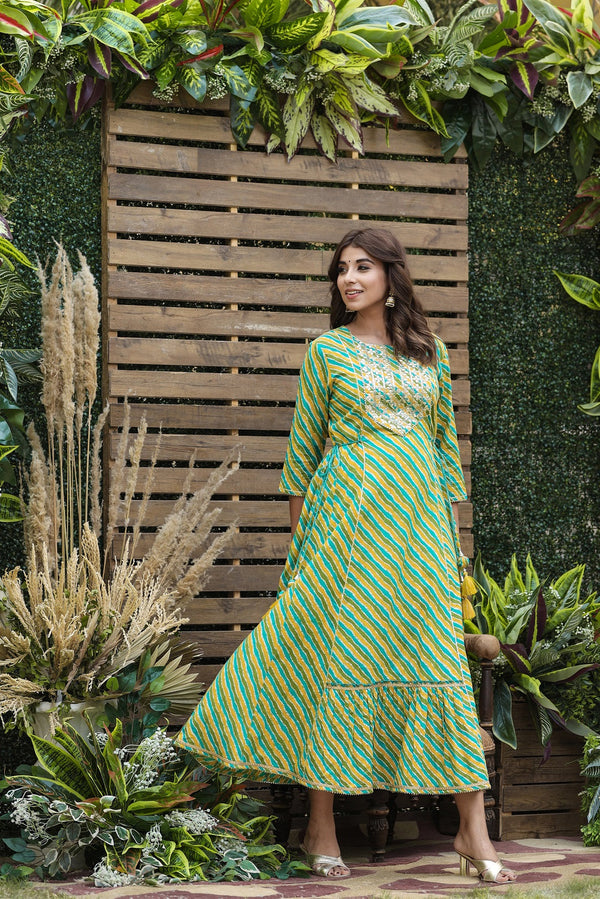 Juniper Women's Cotton Cambric Green Printed Flared Festive Long Dress - Distacart