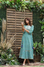Thumbnail for Juniper Women's Cotton Cambric Blue Printed Flared Festive Long Dress - Distacart