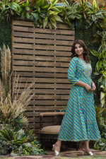 Thumbnail for Juniper Women's Cotton Cambric Blue Printed Flared Festive Long Dress - Distacart