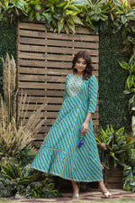 Thumbnail for Juniper Women's Cotton Cambric Blue Printed Flared Festive Long Dress - Distacart