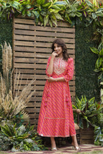 Thumbnail for Juniper Women's Cotton Cambric Red Printed Flared Festive Long Dress - Distacart