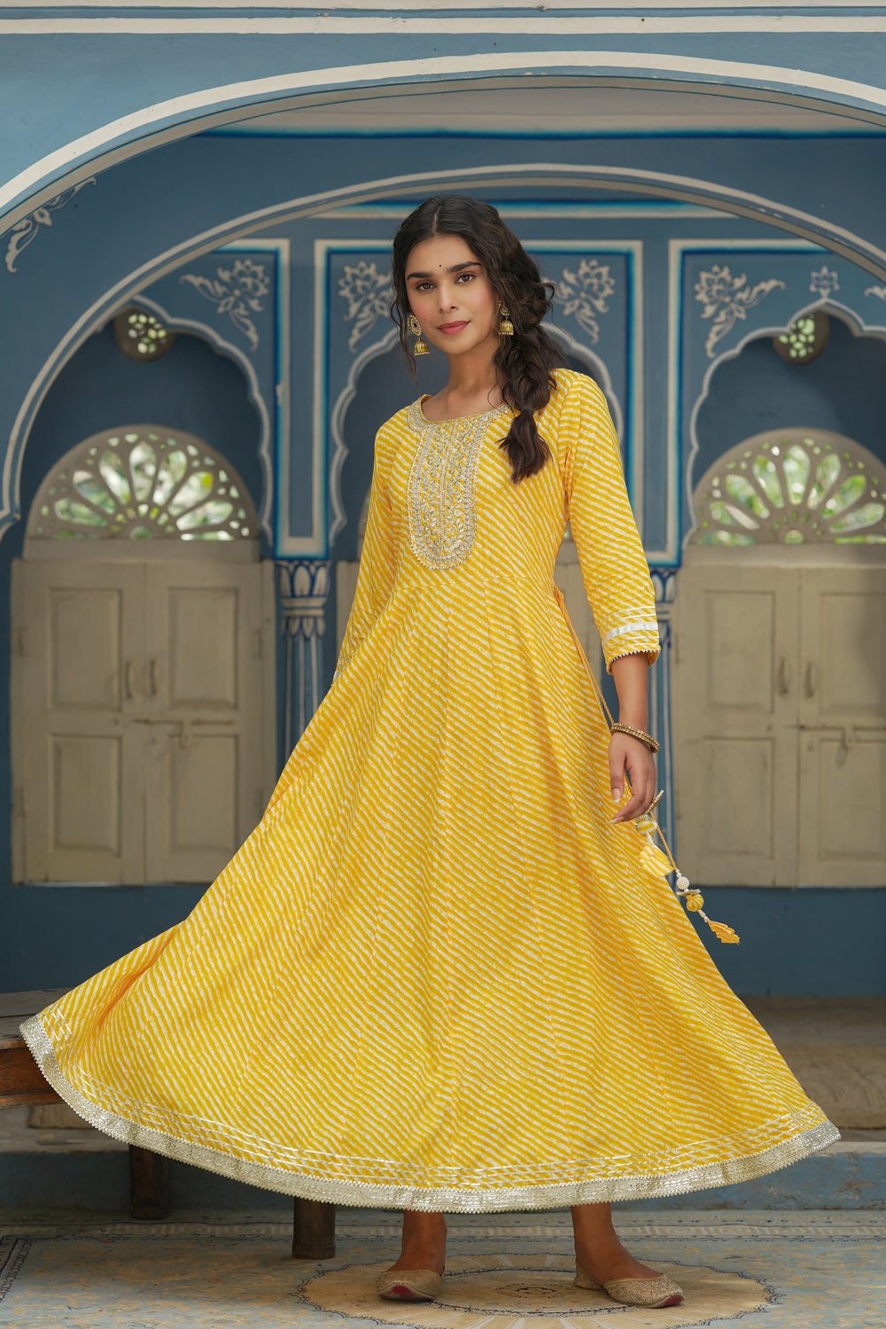 Juniper Women's Cotton Cambric Yellow Printed Embroidered Flared Festive Long Dress - Distacart