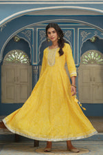 Thumbnail for Juniper Women's Cotton Cambric Yellow Printed Embroidered Flared Festive Long Dress - Distacart