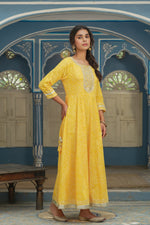 Thumbnail for Juniper Women's Cotton Cambric Yellow Printed Embroidered Flared Festive Long Dress - Distacart