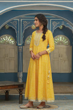 Thumbnail for Juniper Women's Cotton Cambric Yellow Printed Embroidered Flared Festive Long Dress - Distacart