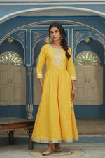 Thumbnail for Juniper Women's Cotton Cambric Yellow Printed Embroidered Flared Festive Long Dress - Distacart