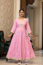 Thumbnail for Juniper Women's Cotton Cambric Fuchsia Printed Embroidered Flared Festive Long Dress - Distacart