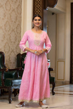 Thumbnail for Juniper Women's Cotton Cambric Fuchsia Printed Embroidered Flared Festive Long Dress - Distacart