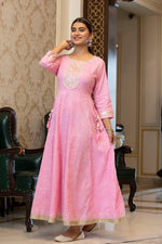 Thumbnail for Juniper Women's Cotton Cambric Fuchsia Printed Embroidered Flared Festive Long Dress - Distacart