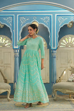 Thumbnail for Juniper Women's Turquoise Cotton Cambric Festive Wear Solid Gotta Work Dress - Distacart