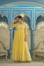 Thumbnail for Juniper Women's Yellow Cotton Cambric Festive Wear Solid Gotta Work Dress - Distacart