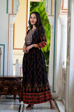 Thumbnail for Juniper Women's Black Rayon Printed Flared Dress - Distacart