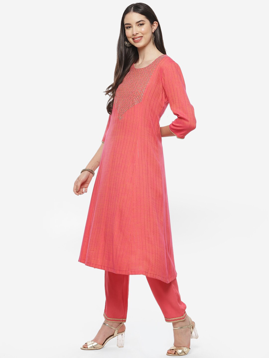 Biba Women Fuchsia Yoke Design A-Line Kurta With Trousers Set - Distacart