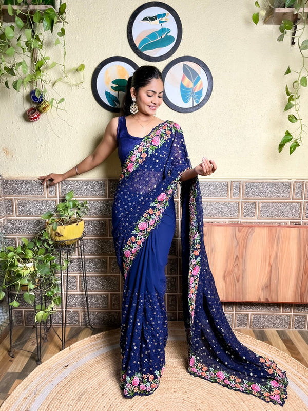 Mitera Navy Blue & Pink Floral Embroidered Georgette Saree - Distacart