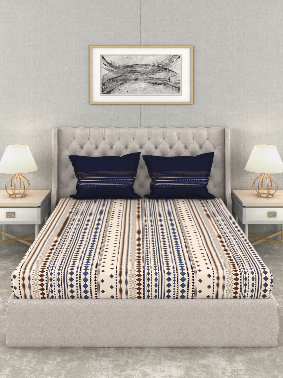 MYTRIDENT Multicoloured Blue Geometric 120 TC Cotton 1 Queen Bedsheet with 2 Pillow Covers - Distacart