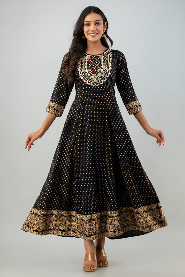 Juniper Women's Black Rayon Printed Flared Dress - Distacart