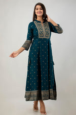 Thumbnail for Juniper Women's Teal Rayon Printed Flared Dress - Distacart