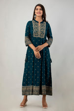 Thumbnail for Juniper Women's Teal Rayon Printed Flared Dress - Distacart