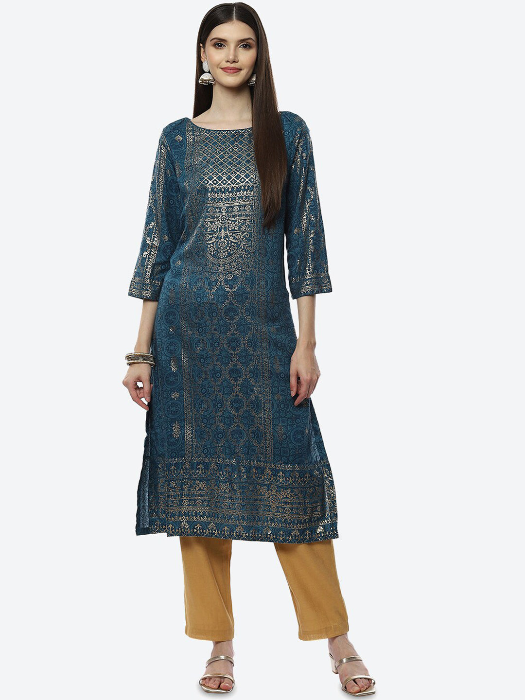 Biba Women Teal & Gold-Toned Ethnic Motifs Printed Kurta - Distacart
