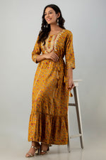 Thumbnail for Juniper Women's Mustard Rayon Printed Flared Dress - Distacart