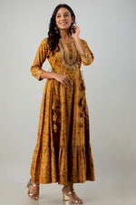 Thumbnail for Juniper Women's Mustard Rayon Printed Flared Dress - Distacart