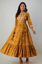 Thumbnail for Juniper Women's Mustard Rayon Printed Flared Dress - Distacart
