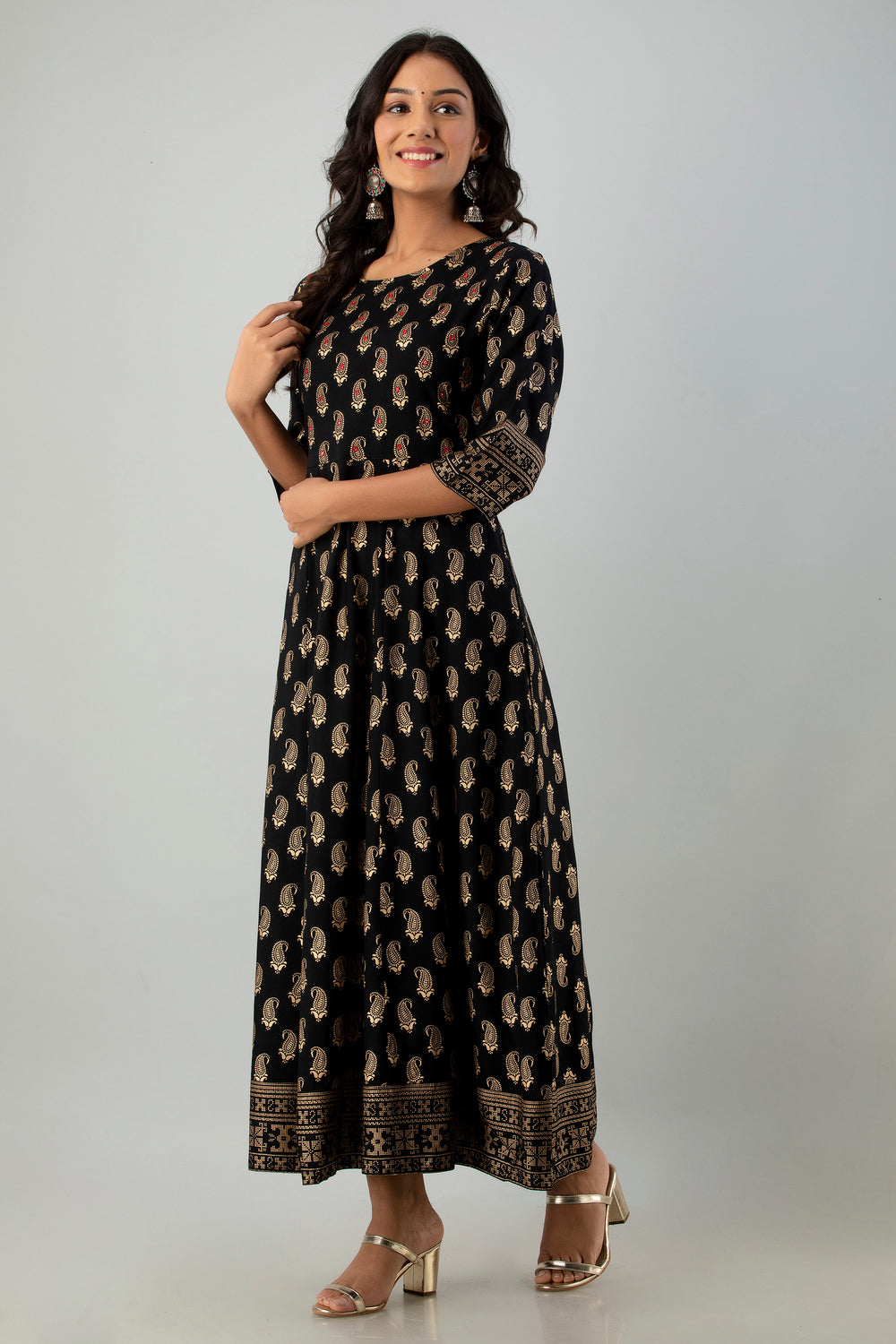 Juniper Women's Black Rayon Printed Flared Dress - Distacart