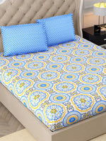 Thumbnail for DREAM WEAVERZ Blue & Yellow Cotton Ethnic Motifs 300 TC Double Bedsheet with 2 Pillow Covers - Distacart