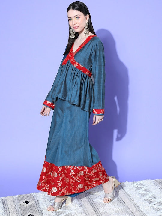 InWeave Women's Teal Red Brocade Mughal Shaan Kurta Palazzo Set - Distacart