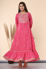 Thumbnail for Juniper Women's Fuschia Printed Embroidered Mirror Work Cotton Flared Dress - Distacart
