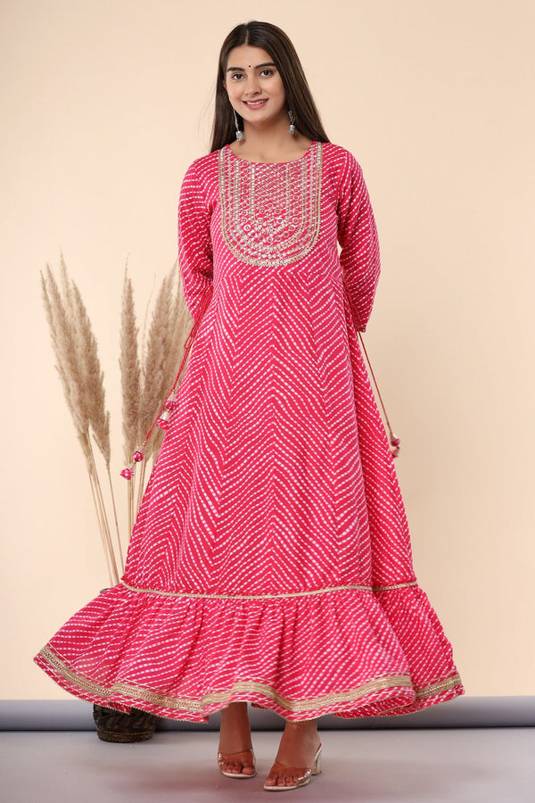 Juniper Women's Fuschia Printed Embroidered Mirror Work Cotton Flared Dress - Distacart
