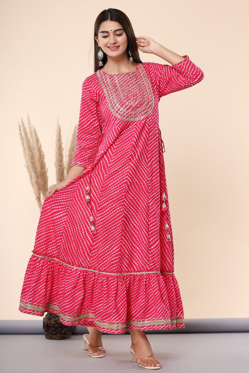 Juniper Women's Fuschia Printed Embroidered Mirror Work Cotton Flared Dress - Distacart