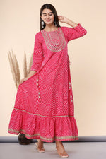 Thumbnail for Juniper Women's Fuschia Printed Embroidered Mirror Work Cotton Flared Dress - Distacart