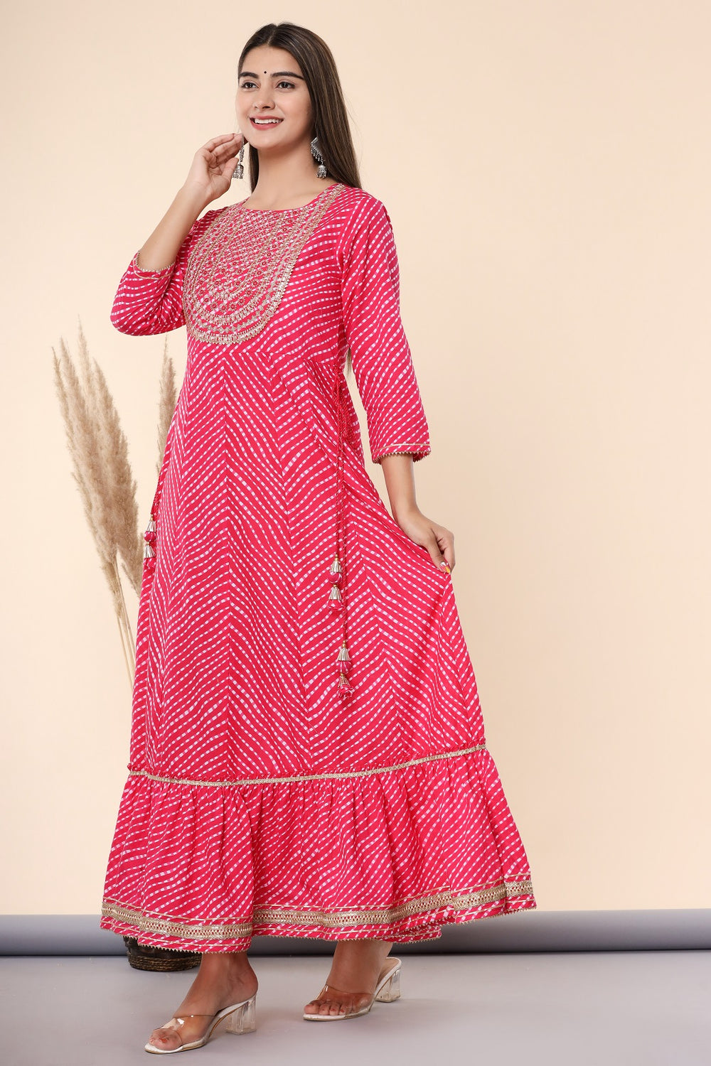 Juniper Women's Fuschia Printed Embroidered Mirror Work Cotton Flared Dress - Distacart