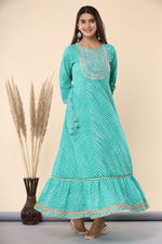 Thumbnail for Juniper Women's Green Printed Embroidered Mirror Work Sequin Cotton Flared Dress - Distacart