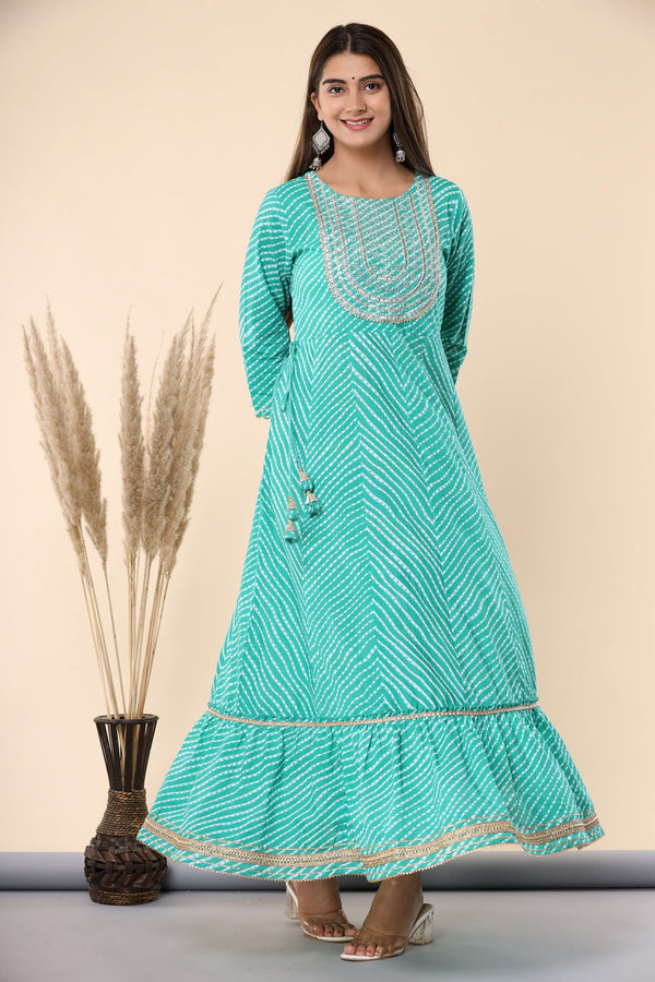 Juniper Women's Green Printed Embroidered Mirror Work Sequin Cotton Flared Dress - Distacart