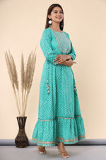 Thumbnail for Juniper Women's Green Printed Embroidered Mirror Work Sequin Cotton Flared Dress - Distacart