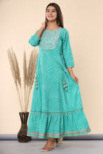 Thumbnail for Juniper Women's Green Printed Embroidered Mirror Work Sequin Cotton Flared Dress - Distacart