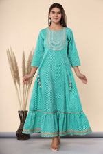 Thumbnail for Juniper Women's Green Printed Embroidered Mirror Work Sequin Cotton Flared Dress - Distacart