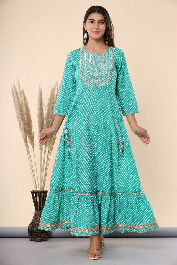 Juniper Women's Green Printed Embroidered Mirror Work Sequin Cotton Flared Dress - Distacart