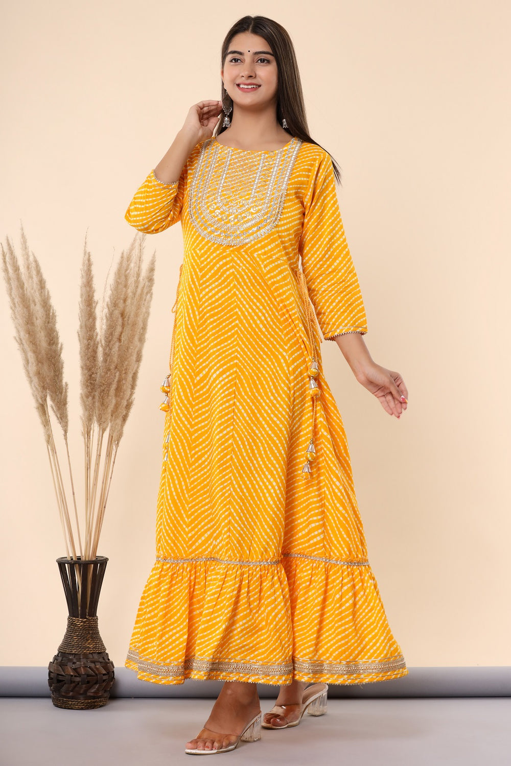 Juniper Women's Yellow Printed Embroidered Mirror Work Sequin Cotton Flared Dress - Distacart