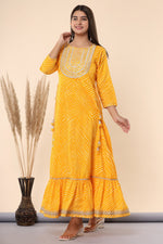 Thumbnail for Juniper Women's Yellow Printed Embroidered Mirror Work Sequin Cotton Flared Dress - Distacart