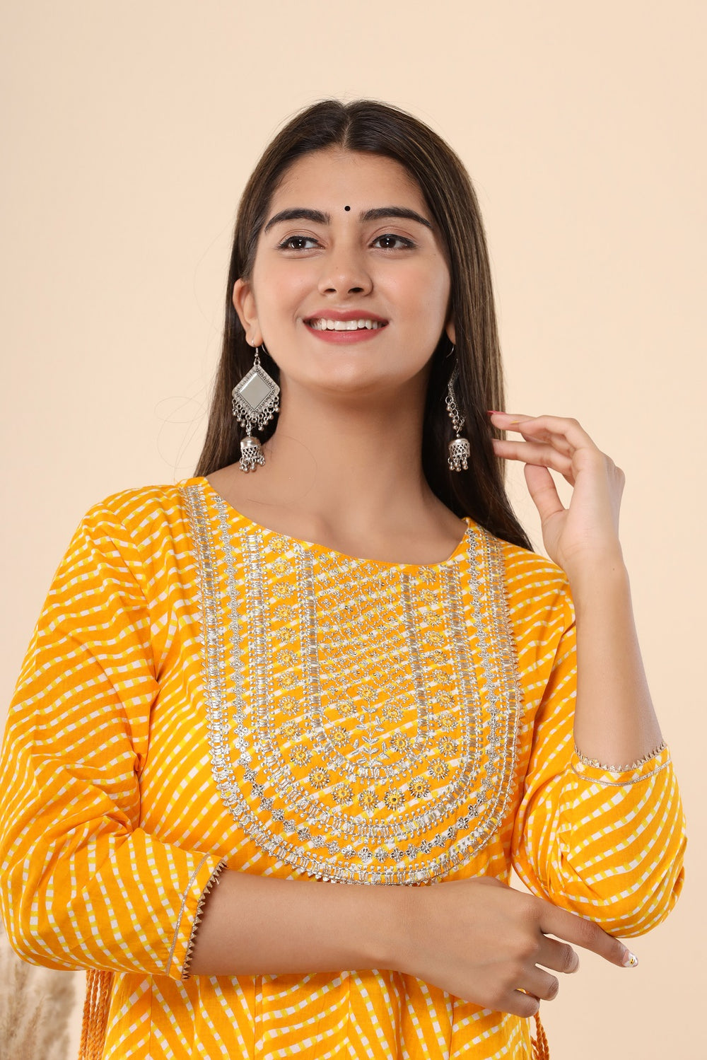 Juniper Women's Yellow Printed Embroidered Mirror Work Sequin Cotton Flared Dress - Distacart