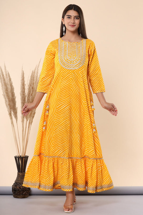 Juniper Women's Yellow Printed Embroidered Mirror Work Sequin Cotton Flared Dress - Distacart
