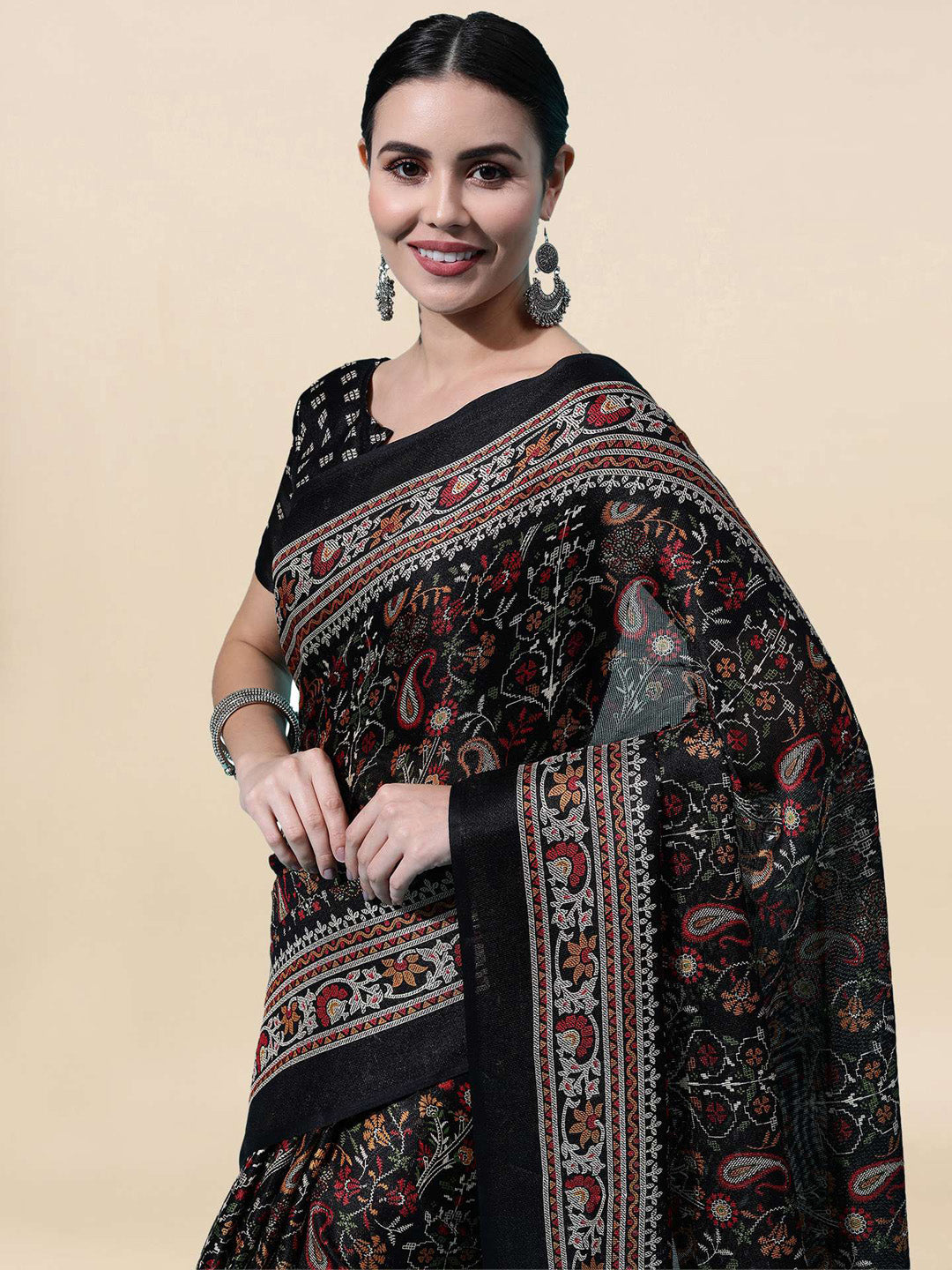 Kalini Black & Red Floral Jute Silk Ikat Saree - Distacart