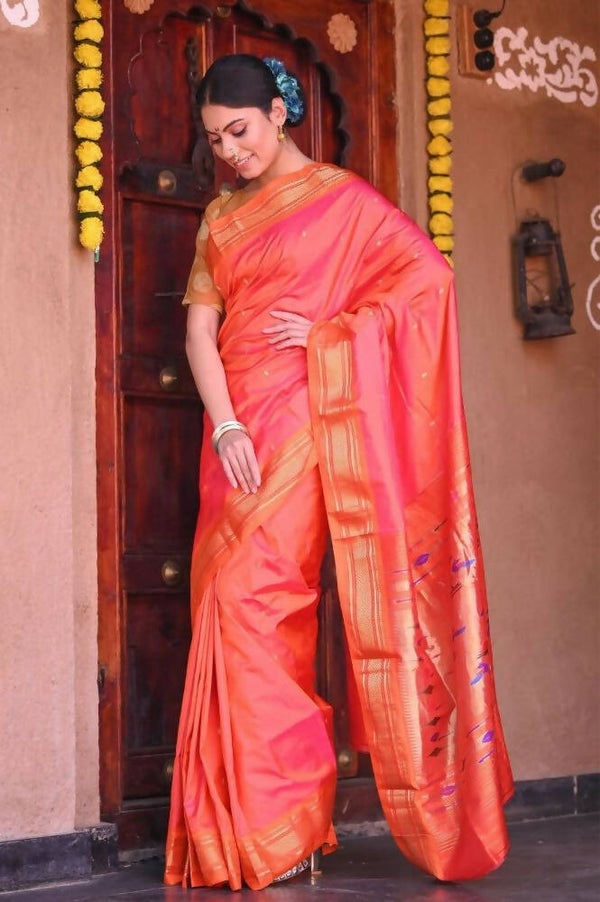 Very Much Indian Raaga Handloom Silk Peach Pink Paithani - Distacart