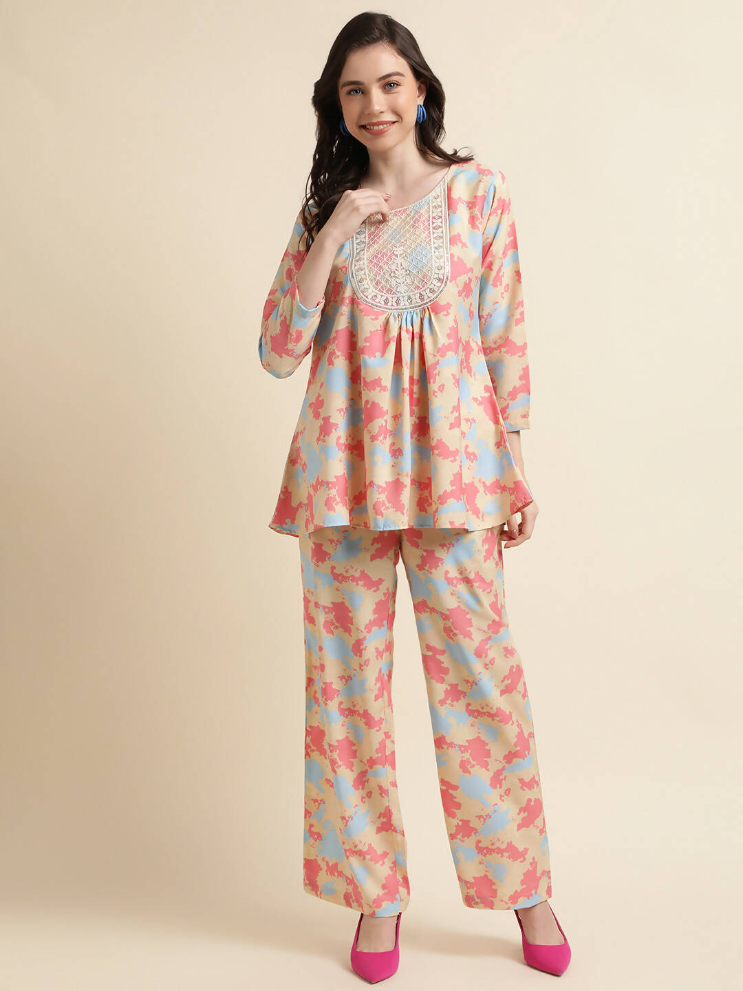 Beige & Pink Poly Crepe Digital Printed Top with Matching Bottom - Preeti - Distacart
