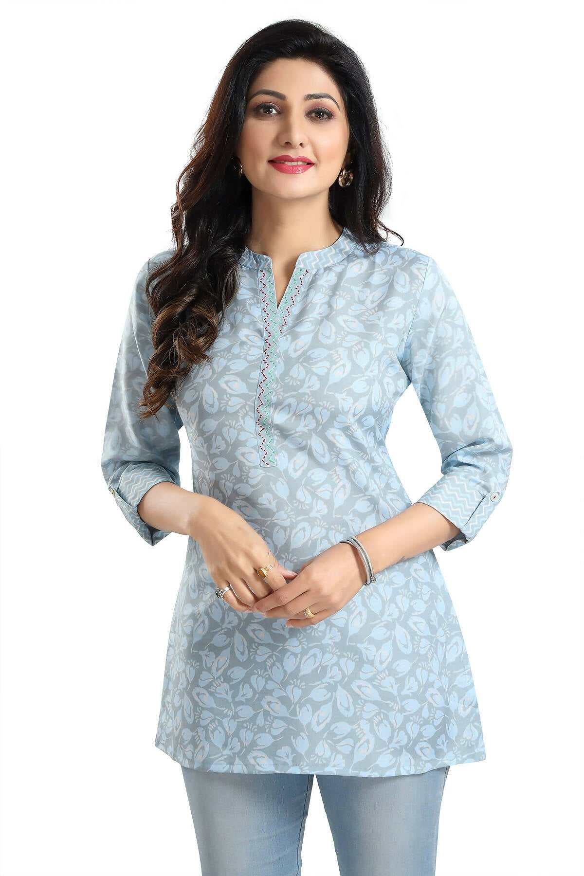 Snehal Creations Pretty Pastel Blue Rayon Short Kurti Tunic Top - Distacart