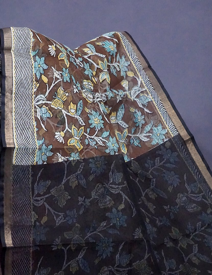 Black And Brown Colour Block Print Pure Kota Cotton Saree By Gayathri Reddy Designer Studio - Distacart