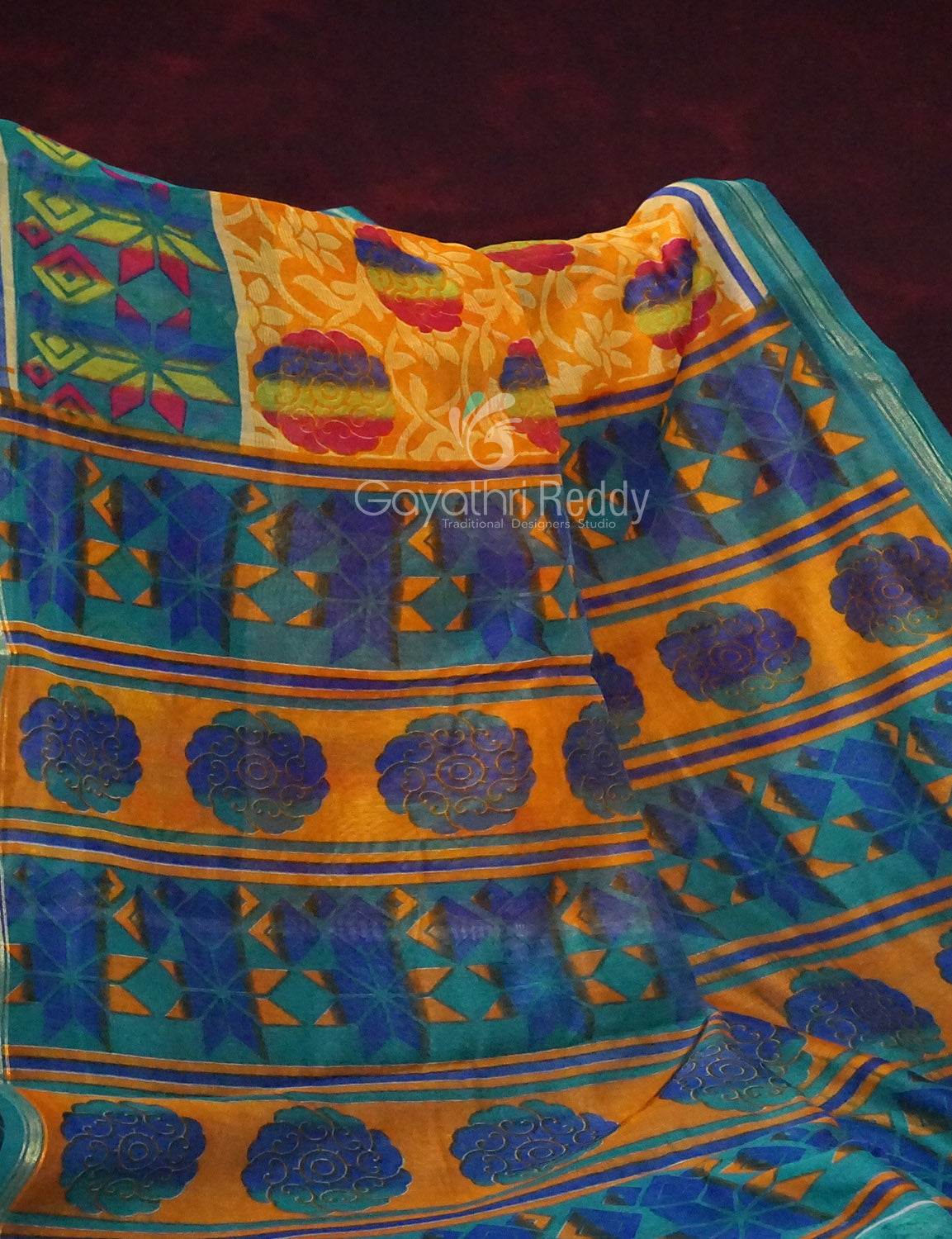 Shades of Yellow With Sea Blue Blouse Printed Semi Chanderi Saree By Gayathri Reddy Designer Studio - Distacart